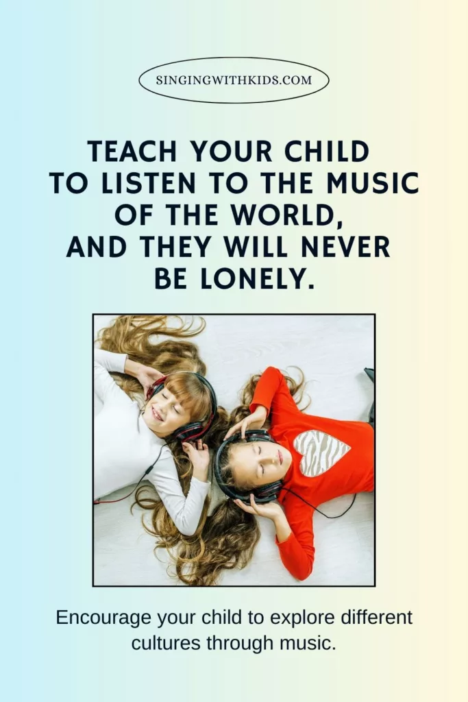 Children with headphones enjoying diverse music, inspired by parents' encouragement and diverse musical exposure. early childhood musical education