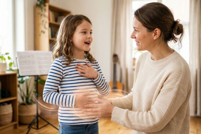 A child learning diaphragmatic breathing for singing, with a supportive parent beside them. How to Teach Your Kids Diaphragmatic Breathing