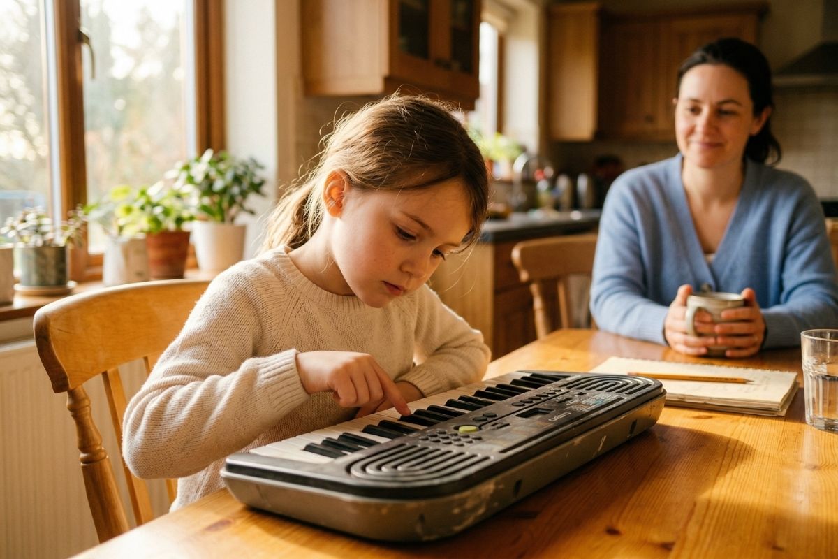 Is my child tone deaf? a child sits at a small electronic keyboard on a kitchen table