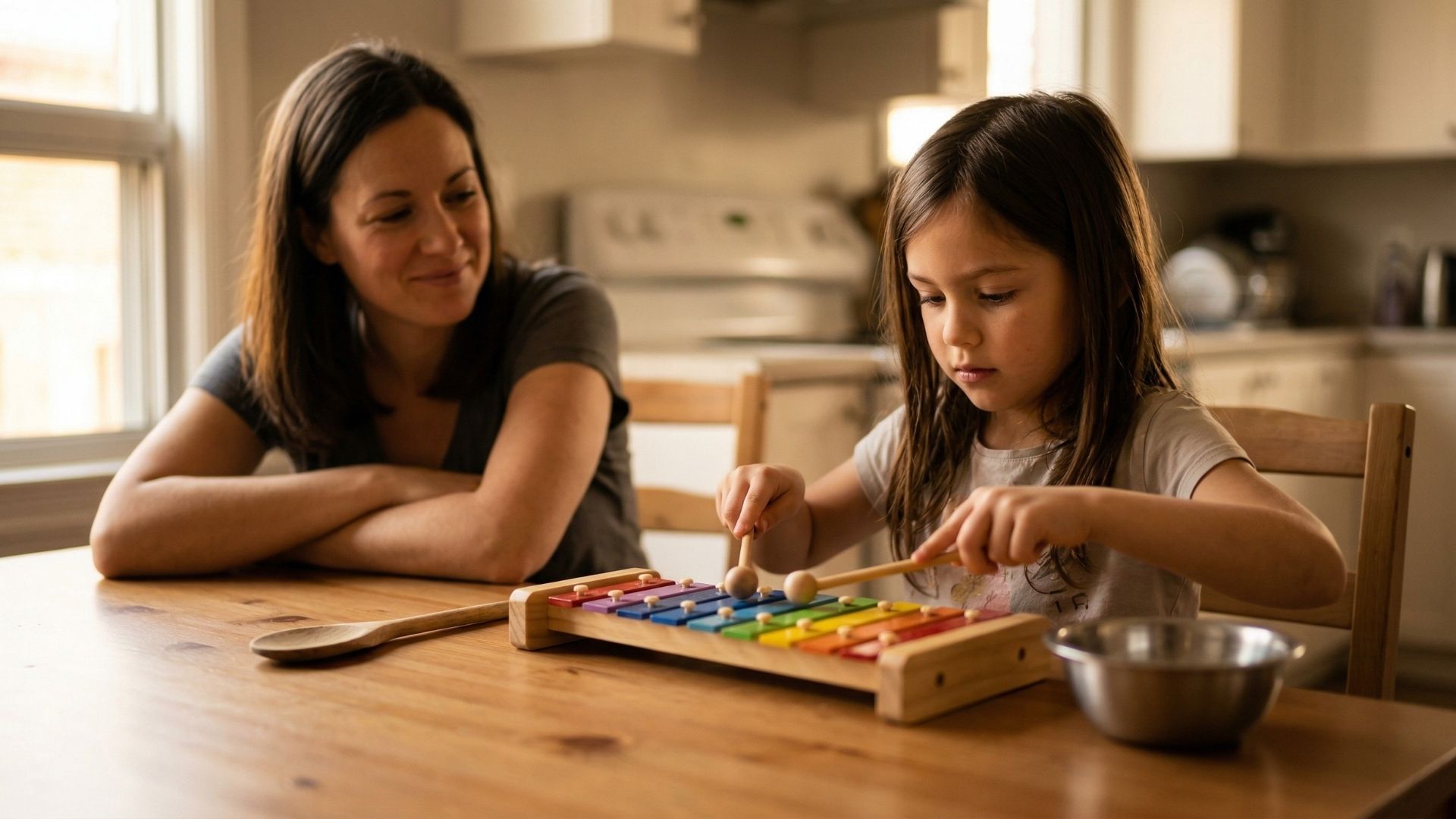 Girl is playing xylophone with supportive parent. Music activities for kids at home guide for parents singingwithkids.com
